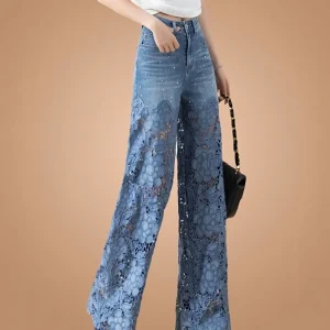 Y2k Women's cute jeans High Leg Waisted Wide 2025 Spring Summer Fashion Hollow Lace Patchwork Denim Pants