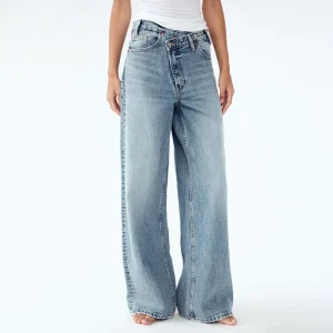 Korean Version Wide Leg Pants With Diagonal Buckle Asymmetrical Street Retro Women'S High Waisted Jeans Loose Casual Pants