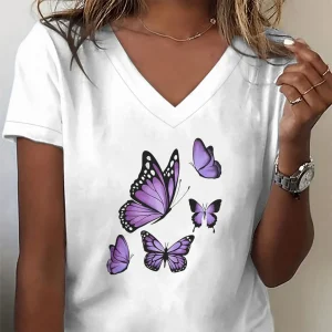 Purple Butterfly Print V Neck T-Shirt Women Casual Tee for Daily Wear Fashion Casual Outfits Butterfly Boho Style Graphic Tees