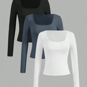 3 pieces Women's Long Sleeved U-neck T-Shirt Tops Solid Color soft Street Spicy Girl Casual Autumn Tight Fitting