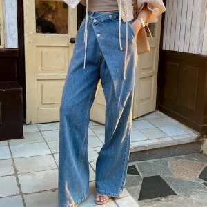 High Waist Wide Leg Jeans Women's Autumn Vintage Chic Pants Asymmetrical Design Casual Faion Long Trousers