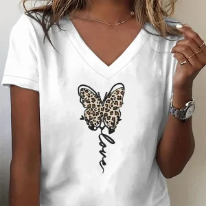 Leopard Butterfly Love Print V Neck T-Shirt Women Casual Tee for Daily Wear & Valentine's Day Butterfly Leopard Women's Clothing