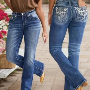 Women's Embroidered Flare Jeans - Stylish High-Waisted Denim with Unique Stitching Detail