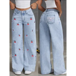 Women Jeans Embroidery High Waist Distressed Washed Pockets Vintage Floor Length Trousers 2025 Denim Wide Leg Pants Streetwear
