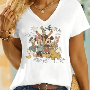 Vintage Mickey and Friends Graphic T Shirts Women Signature V Neck T-Shirt Retro Cartoon Graphic Tees Casual Short Sleeve Tops