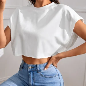 Chic Solid Crew Neck Crop T-Shirt - Comfortable & Breathable, Perfect for Spring & Summer Outings, Women’s Fashion Top