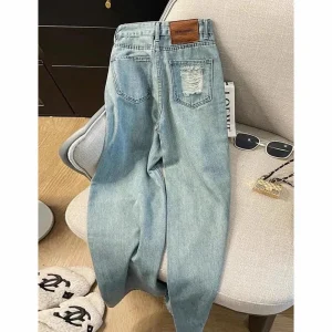 Casual Jeans Womens Straight Leg Denim Trousers Loose Fit High Waist Light Blue Wide Leg Vintage Ripped Design Autumn New