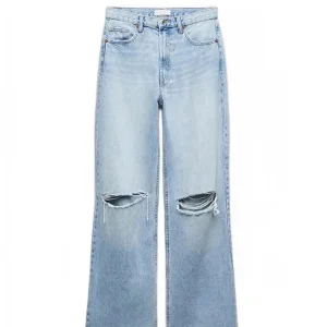 Women's Fashion Hole Decoration Jeans Blue Trousers Metal Zip Straight Leg Casual Streetwear High Waisted Jeans
